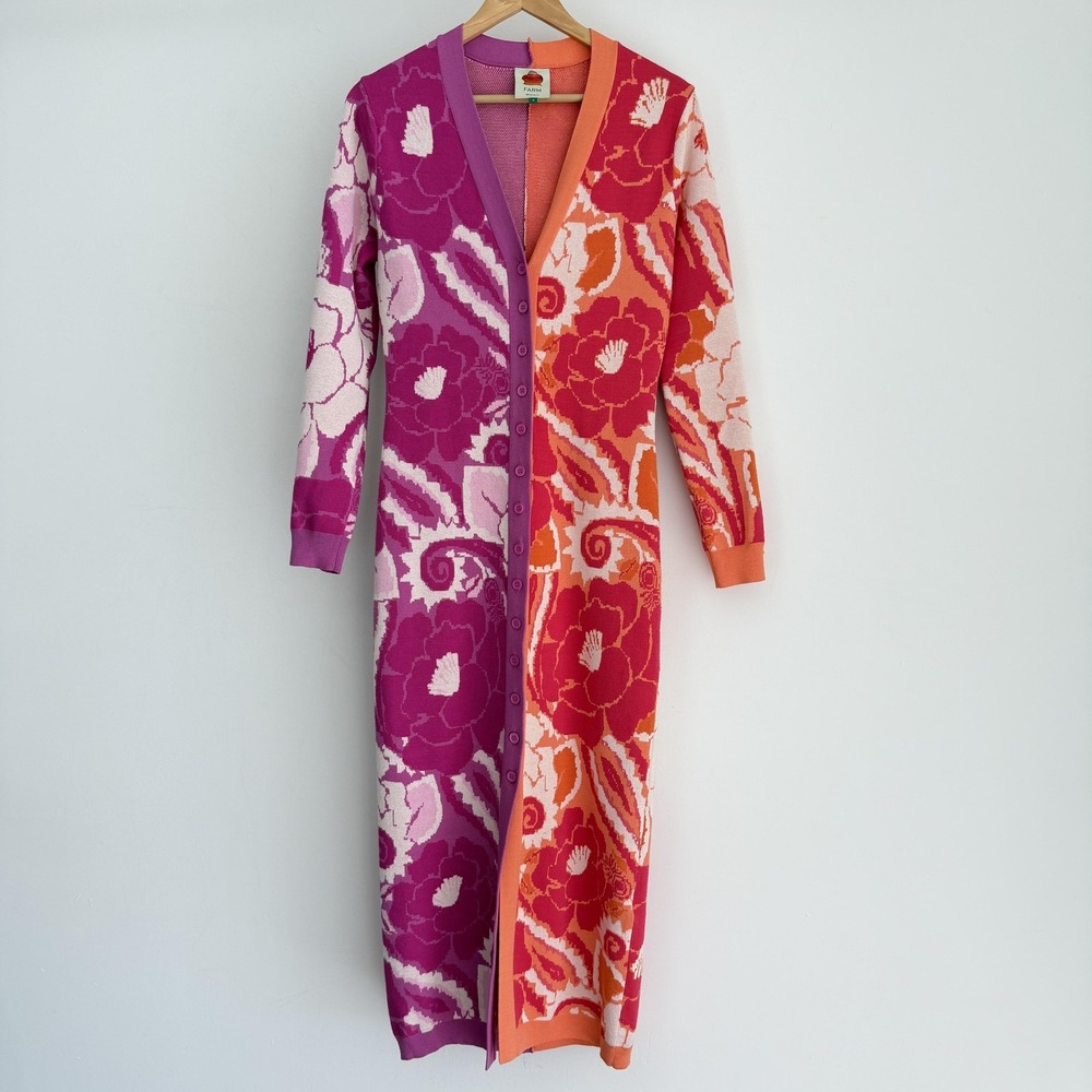 Farm Rio Cardigan Sweater Dress Small Pink Orange Floral Tropical Groove Knit